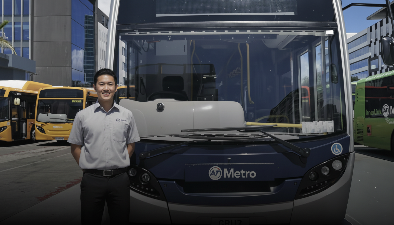 A bus driver standing in front of an AT Metro bus.