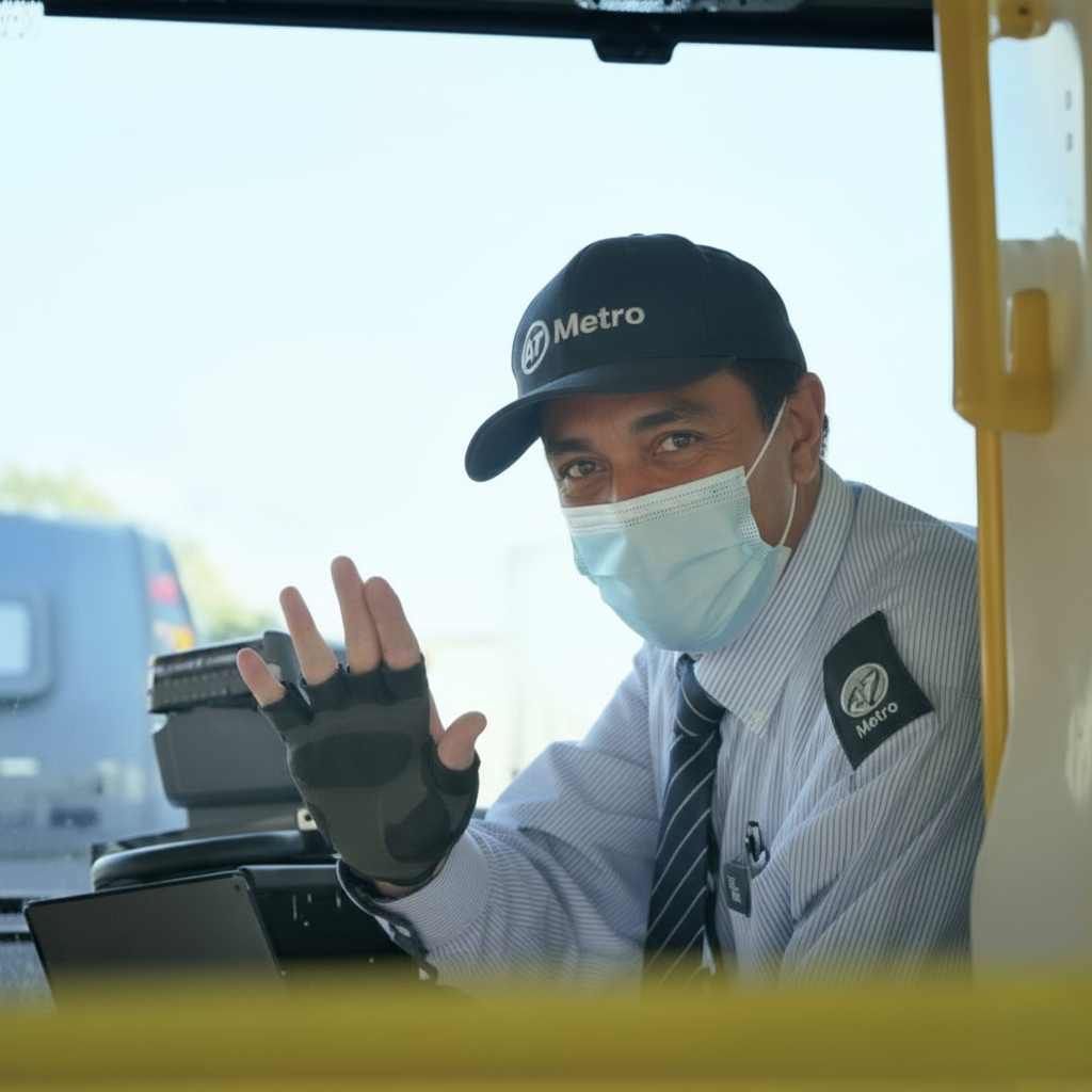 A friendly bus driver wearing a mask and waving.